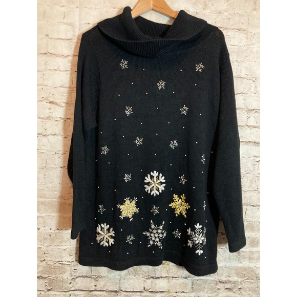 Victoria Jones Sweater Womens Large Black Snowflake Beaded Embroidery Christmas - Picture 1 of 10